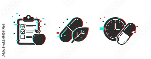 Checklist apple pills leaf and clock pill icons on white background. Glitch effect