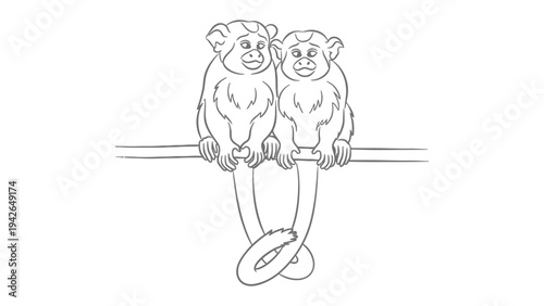 Two Monkeys Sitting Together: A delightful illustration of two monkeys perched side-by-side on a branch, their tails intertwined, creating a charming image of companionship.