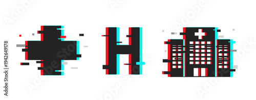 Medical cross h and hospital building icons on white. Glitch effect