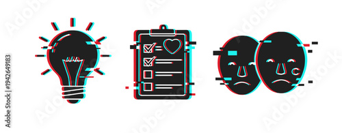 Concept icons showing glitch distortion on white background. Glitch effect