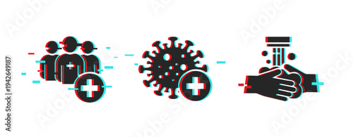 Community health icons showing virus prevention and hygiene. Glitch effect