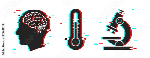Brain head thermometer and microscope icons in glitch style on white. Glitch effect
