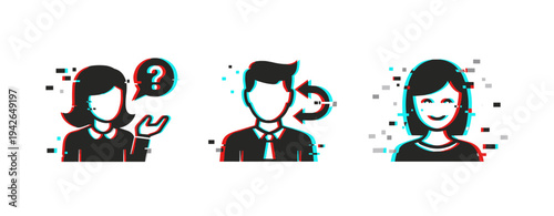 Customer support user profile and feedback icons on white background. Glitch effect