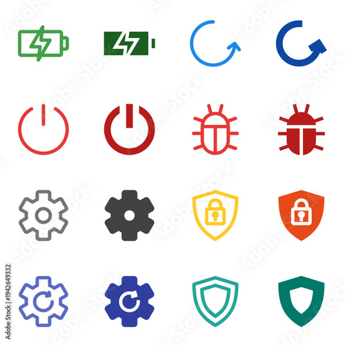 Flat Colored Battery, Power Button, Reboot, Settings, System Update, Security, Shield, Bug Report Icon Set for System Interface