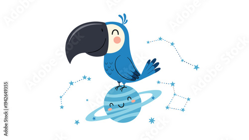 An adorable cartoon of a blue parrot perched on a smiling planet, surrounded by constellations, creating a cute and whimsical space-themed illustration for children.