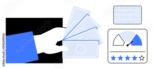 Financial transaction concept. Hand holding cash focuses on funds transfer, credit score highlights assessment, and related finances . For banking, loans, fintech, and budgeting