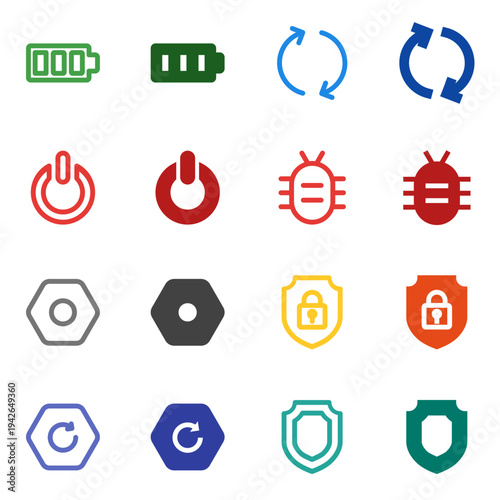 Flat Colored Battery, Power Button, Reboot, Settings, System Update, Security, Shield, Bug Report Icon Set for System Interface