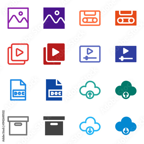 Flat Colored Image, Video, Cassette, Document, Archive, Cloud Upload, Cloud Download, Media Player Icon Set for System Interface