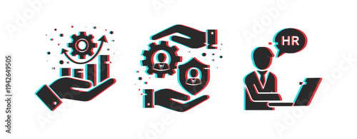 Hr management: data analysis, risk security, employee interaction icons in 3d effect