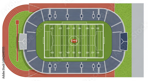 Overhead view of a stadium with a football field and track.