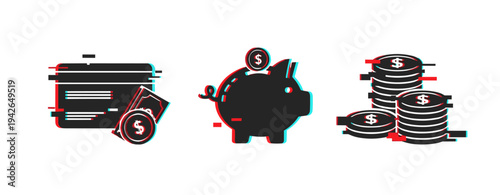 Glitch style financial icons: currency box, piggy bank, coin stacks