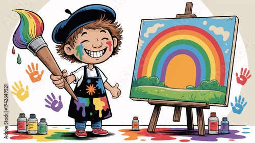 Happy child artist painting colorful rainbow on canvas with paintbrush surrounded by vibrant art supplies and handprints