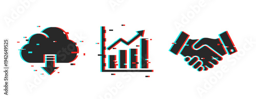 Glitch art: cloud download, graph chart, handshake business symbols
