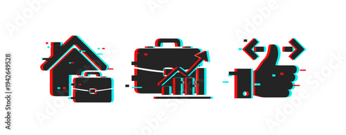Glitch effect icons: real estate, business growth, code, approval
