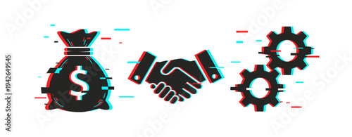 Glitch art symbols: money bag, handshake, and gears highlighting business and transaction themes
