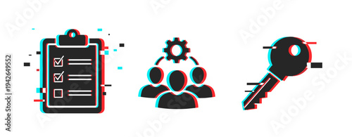 Abstract glitch art: checklist, teamwork, key symbols