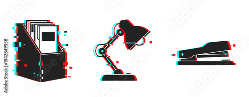 Glitch art style office supplies: folder holder, lamp, stapler