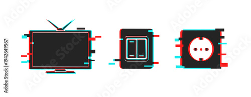 Glitch art: television, light switch, and socket icons with digital distortion