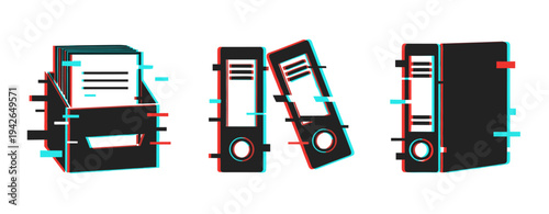 Glitch effect on office files and binders: futuristic digital distortion design