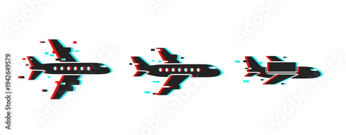 Abstract digital airplanes with glitch effect on white background