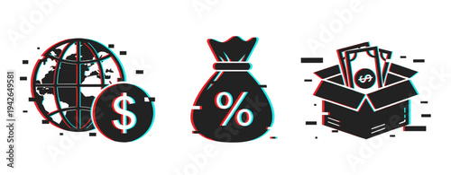Glitch art: global economy symbols with dollar, percentage, and cash box icons