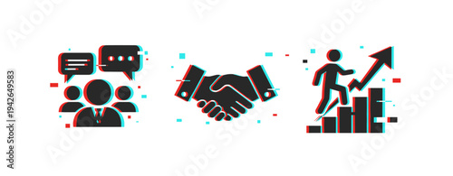 Teamwork, business growth, and communication icons with glitch effect