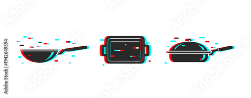 Digital glitch art of cooking utensils: wok, pot, pan with lid in cyan and red