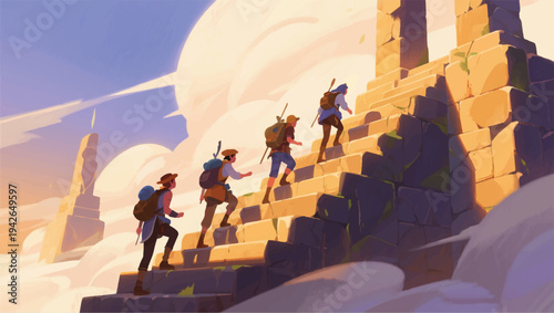 Illustration Of Adventurers Climbing Ancient Stone Stairs That Rise To The Sky Above The Clouds Vector Design Template