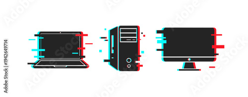 Glitch art of laptop, desktop, and monitor with digital distortion effects