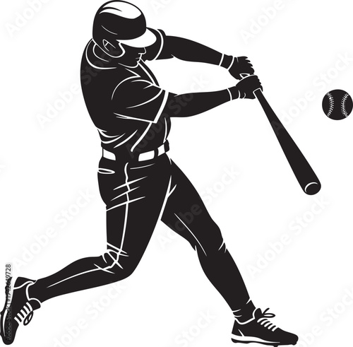 Baseball Player at Bat Action Pose - Black Silhouette Illustration for Sports