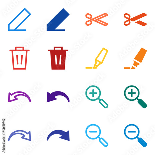 Flat Colored Edit, Delete, Cut, Undo, Redo, Zoom In, Zoom Out, Highlight Icon Set for System Interface