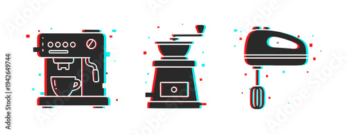 Retro kitchen appliances in glitch art style: coffee maker, grinder, mixer
