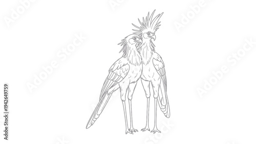 Secretary Birds: Two elegant secretary birds, with distinctive crests and poised stances, stand side by side against a clean background, their detailed forms highlighting the beauty of nature.