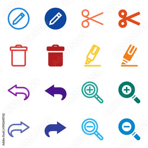 Flat Colored Edit, Delete, Cut, Undo, Redo, Zoom In, Zoom Out, Highlight Icon Set for System Interface