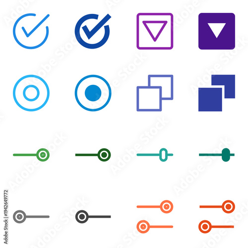 Flat Colored Checkbox, Radio Button, Toggle On, Toggle Off, Dropdown, Slider, Switch, Tab Icon Set for System Interface
