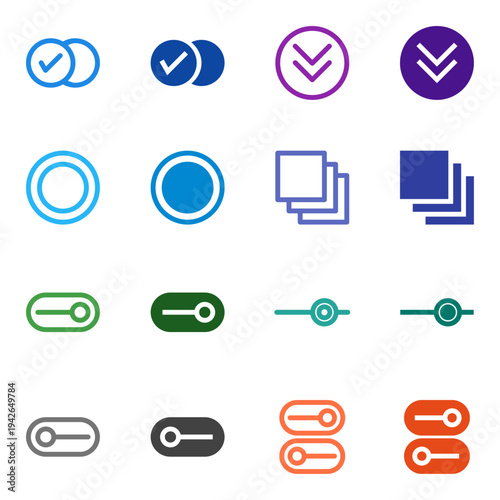 Flat Colored Checkbox, Radio Button, Toggle On, Toggle Off, Dropdown, Slider, Switch, Tab Icon Set for System Interface