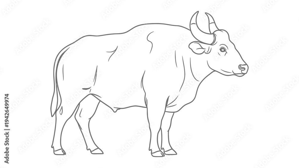Obraz premium Gaur Sketch: A detailed line drawing of a majestic gaur bull, showcasing its powerful build and distinctive horns, perfect for artistic and educational use.