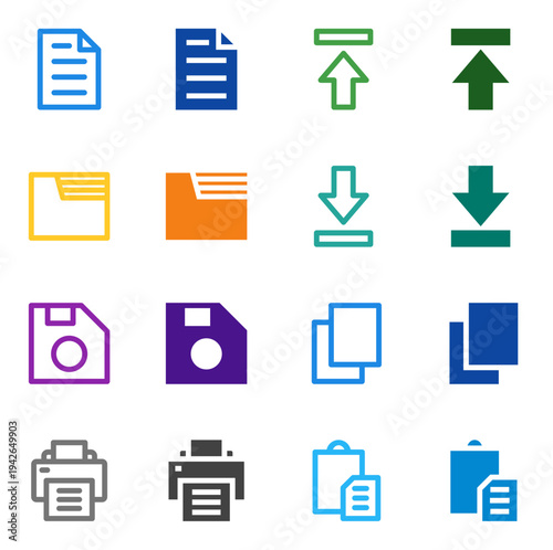Flat Colored File, Folder, Upload, Download, Save, Print, Copy, Paste Icon Set for System Interface