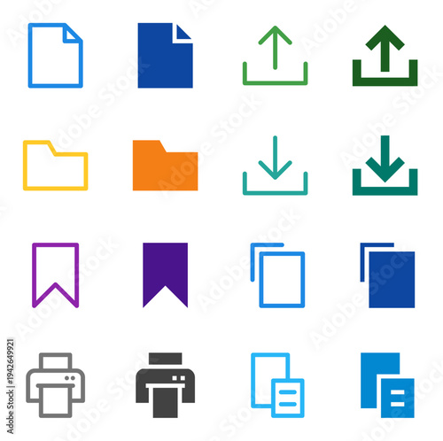 Flat Colored File, Folder, Upload, Download, Save, Print, Copy, Paste Icon Set for System Interface