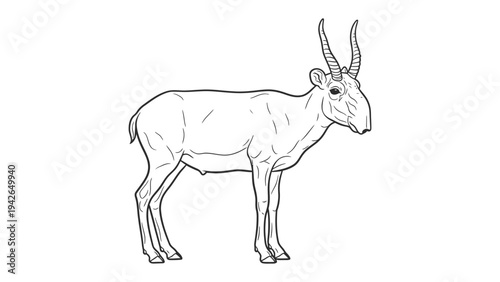 Saiga Antelope Outline: A detailed line drawing of a saiga antelope, showcasing its unique large nose and curved horns, isolated on a background.