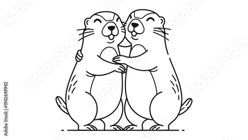 Caring Otters Embrace: Two delightful otters share an endearing hug, symbolizing friendship and affection in a minimalist black and white illustration. 