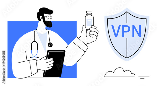 VPN security. VPN shield protecting healthcare data through secure networks. VPN ensures health records and doctor-patient privacy. For medical apps, online health services, cybersecurity, data