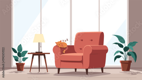A cozy and peaceful living room scene with a ginger cat sleeping soundly on a comfortable armchair next to a lamp and houseplants.