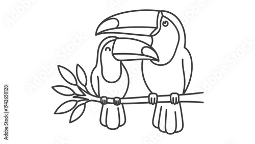 Toucans' Sketch: Two charming toucans are perched on a branch, their prominent beaks and sleek forms are showcased in a minimalist illustration. 