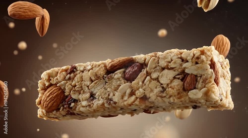 Delicious granola bar with nuts and grains amidst a creamy splash showcasing textures colors and a dynamic presentation against a gradient background