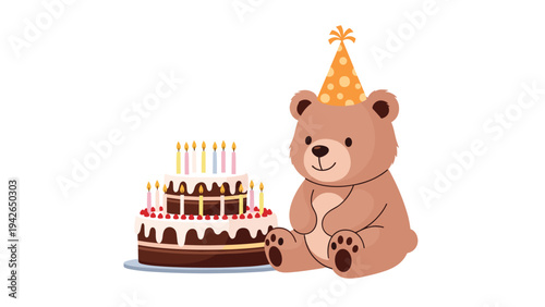 A sweet birthday illustration of a cute teddy bear in a party hat sitting next to a large, delicious-looking chocolate cake with many lit candles.