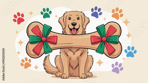 Friendly golden retriever holding decorative bone with bows and paw prints background