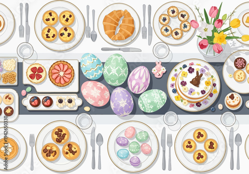 Colorful Easter desserts and sweets are arranged on a table.