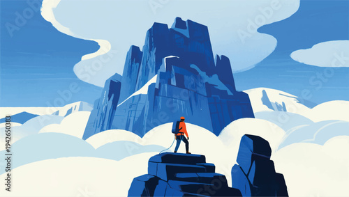 Illustration Of An Adventurer Climbing A Natural Staircase Formed From Rocks On A Giant Cliff Vector Design Template
