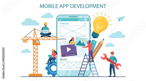 Mobile App Development Concept Illustration with Team of Developers Building Smartphone User Interface UI UX Design Software Engineering and Programming Process